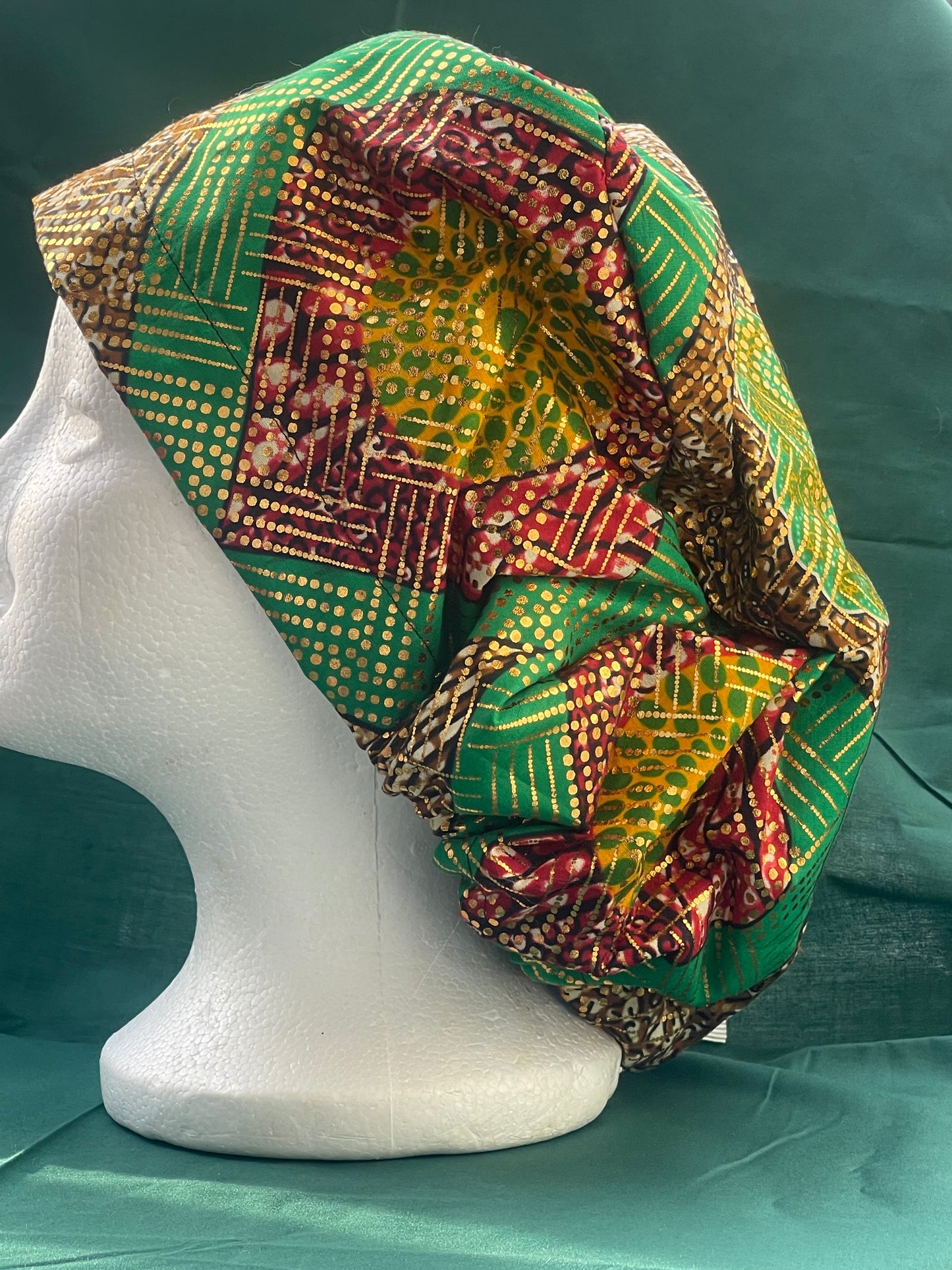 Green and Gold Ankara EURO Style Scrub Cap