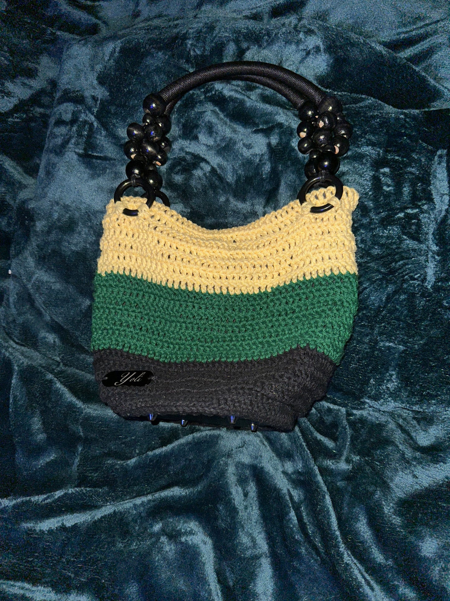 Black, green and yellow cotton shoulder bag (medium)