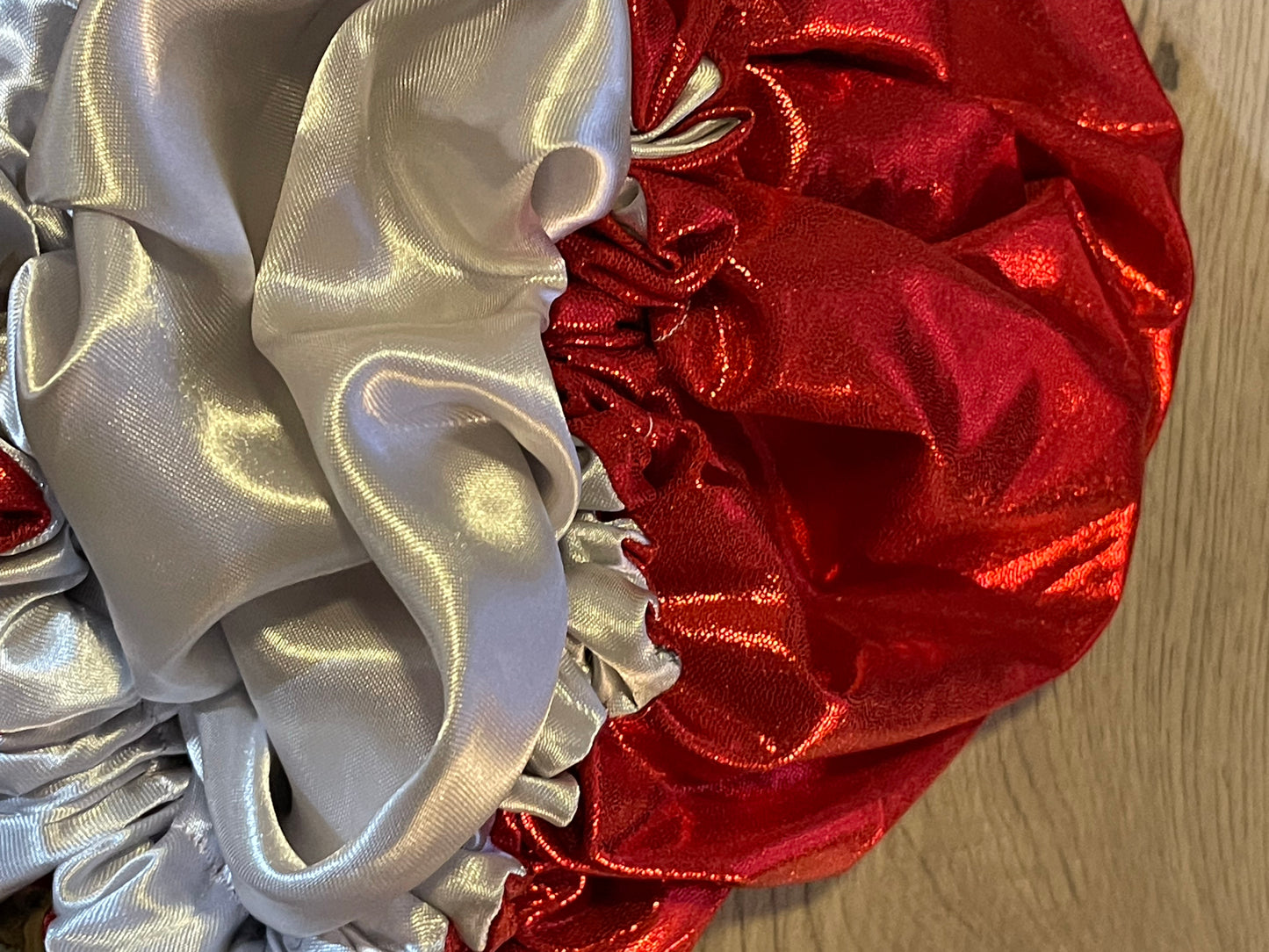 Metallic Silver bonnet with Red Satin lining