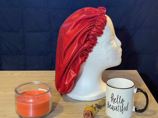 Red Metallic bonnet with Silver Satin lining